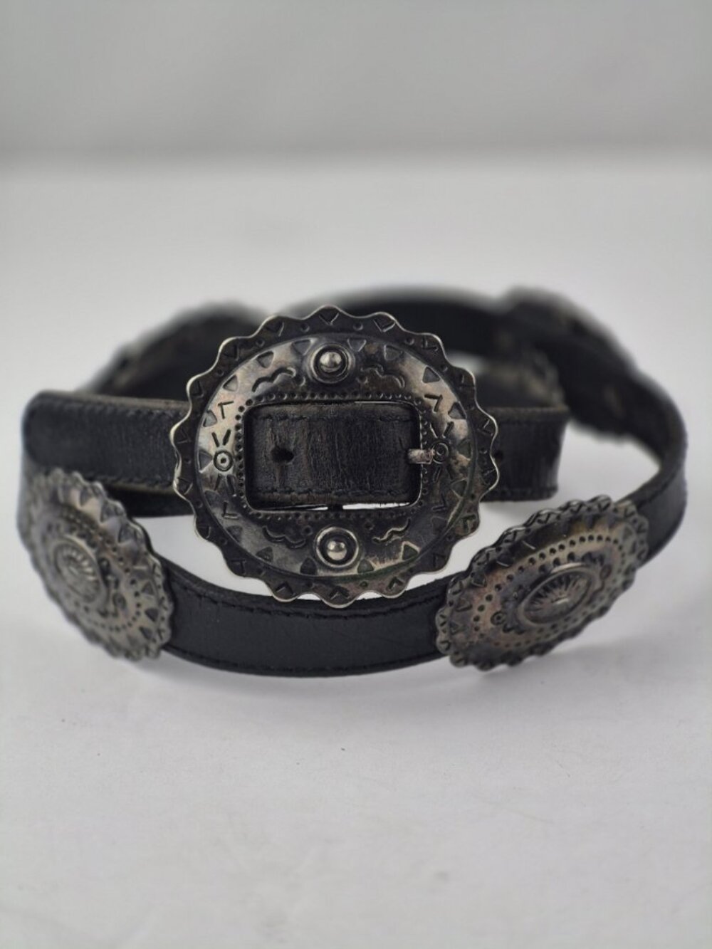 Vintage Southwestern Black Leather Concho Belt Cowgirl Festival Western Bohemian